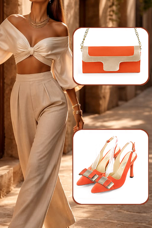 Women's clementine orange and gold elegant slingback heels, with a bow on the front. Tapered toe. High spool heels - Worn view